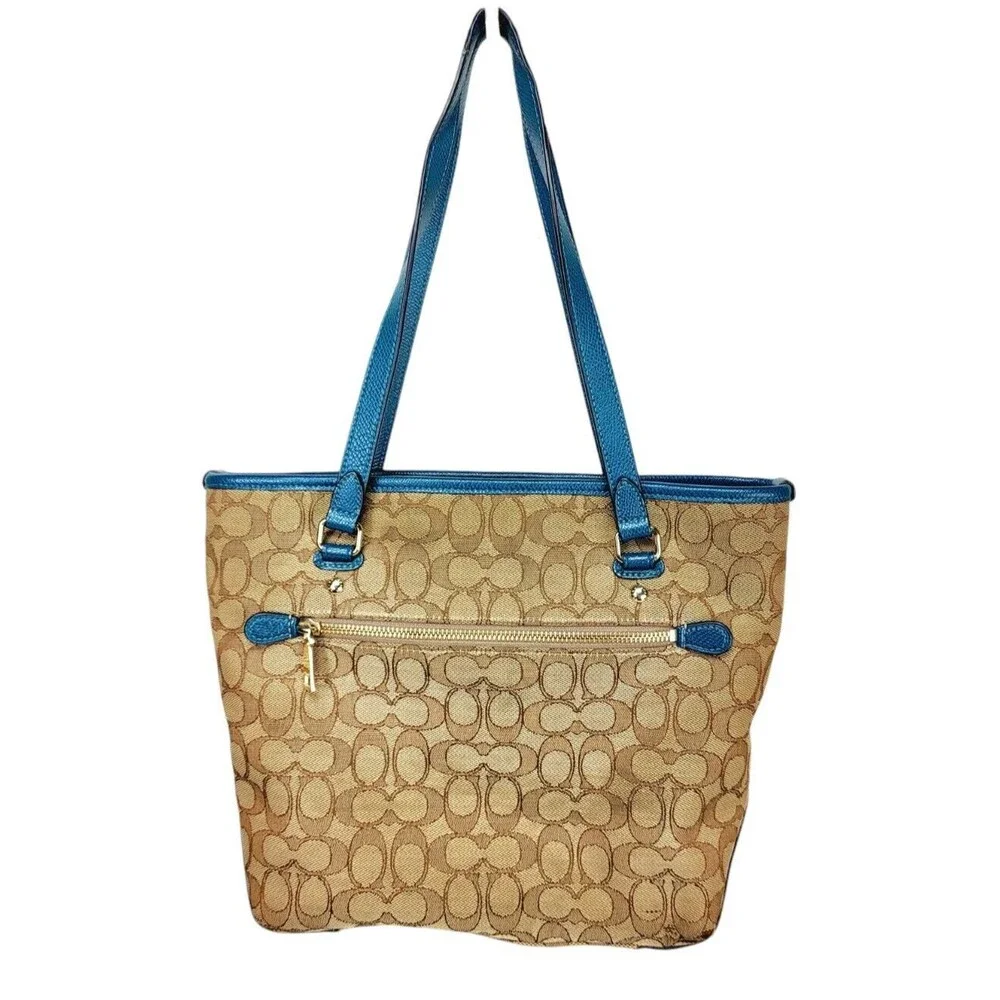Coach Khaki Canvas Blue Leather Monogram Signature Tote Shoulder Bag Purse